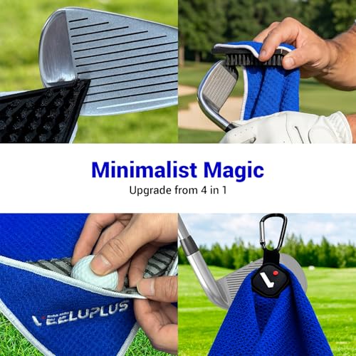 4-in-1 Magnetic Golf Towel with Brush & Cleaning Pocket -Premium Construction Golf Towel- Super Strong Golf Club Cleaner- Microfiber Waffle Design-15.7" X 23.6" Golf Accessories and Gifts for Men - color: Blue