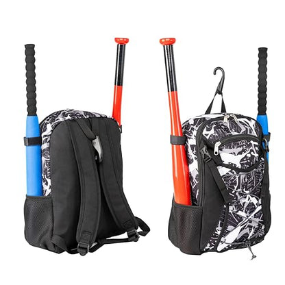 Youth Baseball Bat Bag Backpack, T-Ball & Softball Equipment Gear for Youth with Fence Hook, Lightweight Baseball Bat Backpack, Large Main Compartment for Helmet - color: Black