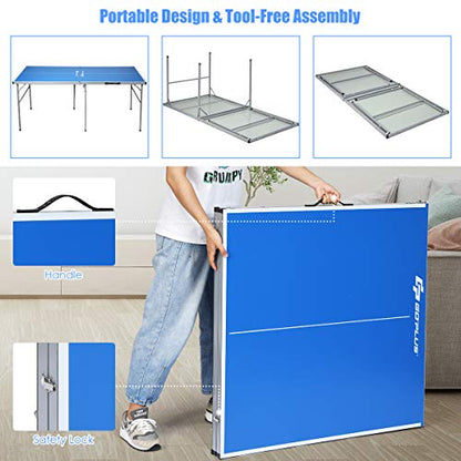 Goplus Foldable Ping Pong Table, 100% Preassembled, Table Tennis Table with Net, 2 Paddles, Ping Pong Balls, Portable Table Tennis Game Set for Indoor Outdoor - style: Blue-72''