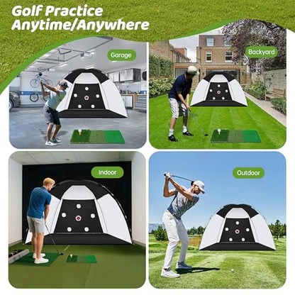Golf Net, 10x7ft Practice Net with Heavy Tri-Turf Mat, All-in-One Multiple Target Golf Hitting Net, Outdoor Indoor Driving Chipping Training with Target/Mat/Balls/Tee/Bag, Gift for Enthusiasts