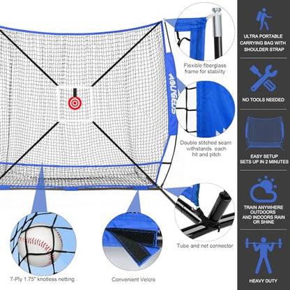 6'X6' Baseball Softball Practice Net,Pitching Net,Batting Net,with Bonus Strike Zone,Target and Bow Frame,for Hitting,Pitching,Catching - size: 6 x 6 FT, style: Full Mouth Version-Blue
