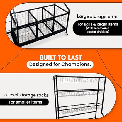 AMPLY Sports Equipment Organizer, Rolling Sports Ball Storage Garage Rack with Large Ball Bins, Side Bat Grid and Multi-Tier Shelves, Steel Rust-Resistant Gear Cart for Families, Schools, Gyms