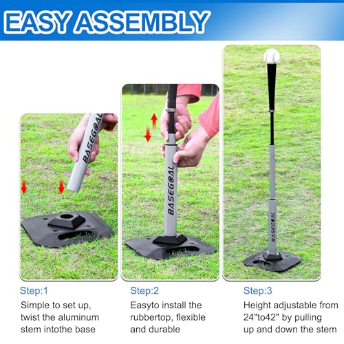 BaseGoal Baseball & Softball Batting Tee,Portable Hitting Tee,with Heavy Duty Base,Rolled Flexible Rubber Top,Adjustable Height for Kids or Adults - color: Gray