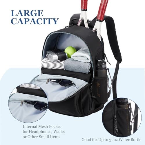 Tennis Bag, Tennis Backpack for Women Men 2 Rackets with Insulated Pocket Shoe Compartemnt for Pickleball Tennis - color: Black