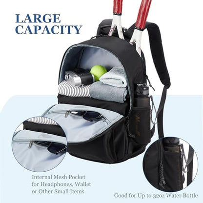 Tennis Bag, Tennis Backpack for Women Men 2 Rackets with Insulated Pocket Shoe Compartemnt for Pickleball Tennis - color: Black