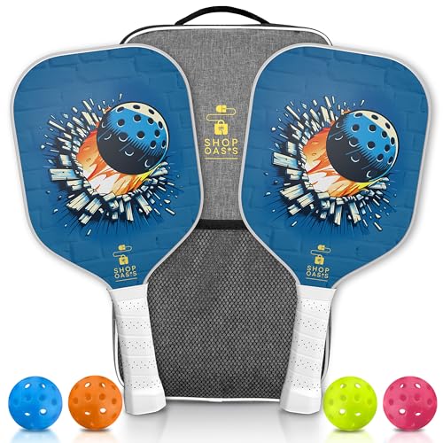 Kids Pickleball Paddles (Set of 2), Child Size Paddles, Lightweight Honeycomb Core, Fiberglass Strike Face, 2 Youth Rackets with 4 Balls and Premium Zipper Bag - color: Blue