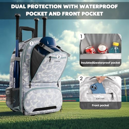 AUROTIER Rolling Baseball Backpack with Off-road Wheels, Wheeled Catchers Gear Bag for Baseball Equipment, 4 Bats, Large Softball Bag for TBall, Helmet & Accessories with Fence Hook - color: Grey-blue