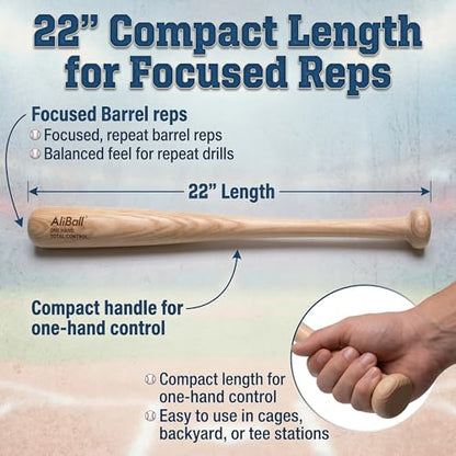 AliBall one Hand bat Trainer, 22" Solid Ash (No Splice) Training bat, Soft Toss & Tee Work, Build Hand Strength & Bat Control, Baseball Training bat, one Hand Training bat