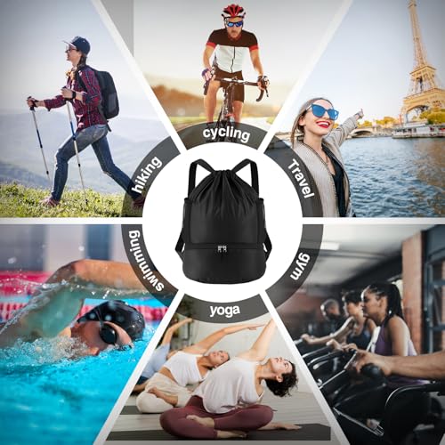 6 Pack Gym Drawstring Backpack Bags Bulk with Shoe Compartment for Sports Wet Proof Pocket for Men Women Large(Black) - color: Black