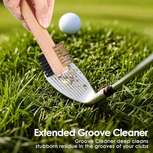 Feekoon 2 Pcs Wood Golf Club Brush, Groove Cleaner with Rope and Metal Clip, Oversized Brush Head, Heavy Duty Nylon Bristles for Cleaning Grooves on Clubs Golf Accessories