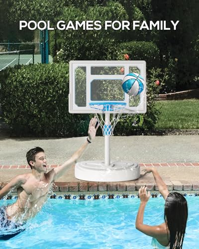 Stainless Steel Pool Basketball Hoop Poolside, Adjustable Swimming Pool Basketball Goal with 32 Inch Shatterproof Backboard, Poolside Water Basketball Hoop, 2 Balls & Pump Included (32in Pool Hoop)