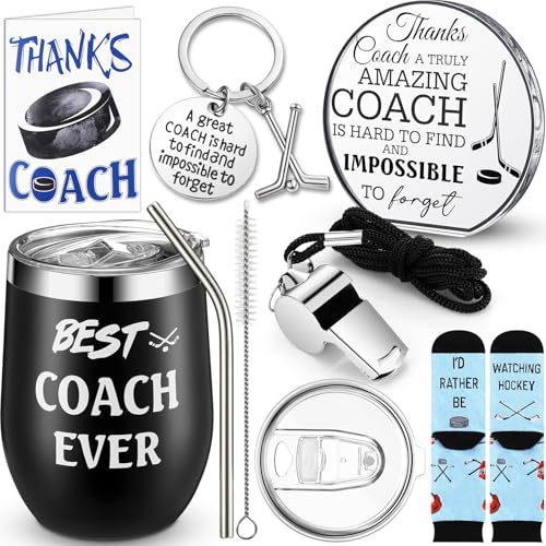 Nitial 6 Pcs Coach Gifts for Men Women Hockey Coaches Appreciation Gift Set Include 12 oz Best Coach Ever Tumble Hockey Whistle Acrylic Decorative Socks Keychain Card Gift