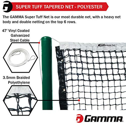Gamma Super Tuff Tennis Net – 3.5mm Braided Polyethylene, Double Top Rows, Heavy-Duty Polyester or Vinyl Headband, UV Resistant, Galvanized Steel Cable, Official Court Size