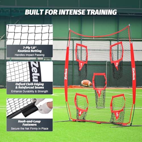 ZELUS Football Throwing Net, Quarterback Training Equipment with 5 Target Pockets, Football Practice Throwing Passing Accuracy Trainer with Carry Bag Ground Stakes for Kids Adults - color: Red, size: 6×6