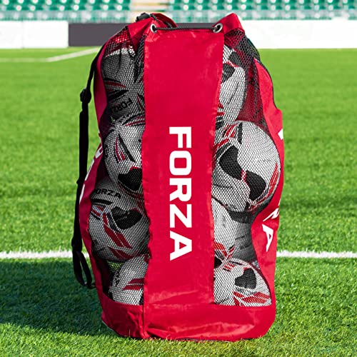 FORZA Premier Ball Carry Bag | Drawstring Soccer, Basketball, Netball & Volleyball Mesh Bag | 5 Color Options - Heavy Duty Equipment Holdall | 12 Ball Capacity - color: Red