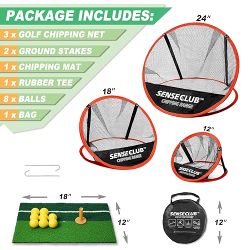 SENSECLUB Foldable Chipping Net with Mat & Balls, Indoor Golf Practice Chipping Target, Backyard Golf Game & Gifts - style: Round Net +Mat +Balls