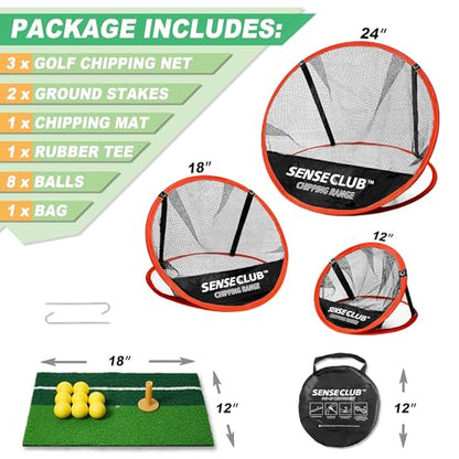 SENSECLUB Foldable Chipping Net with Mat & Balls, Indoor Golf Practice Chipping Target, Backyard Golf Game & Gifts - style: Round Net +Mat +Balls