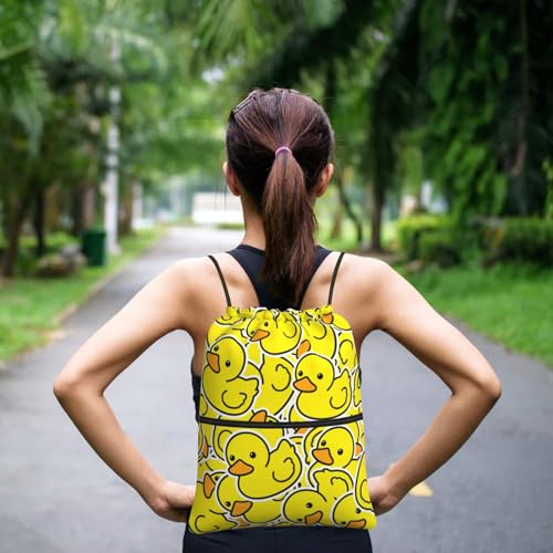 Yellow Duck Drawstring Bag, Waterproof Drawstring Bckpack for Gym Sports Birthday Party Gift, Women Men Sackpack Bag with Front Zipper Pocket and Inside Zipper Pocket - color: Yellow Duck