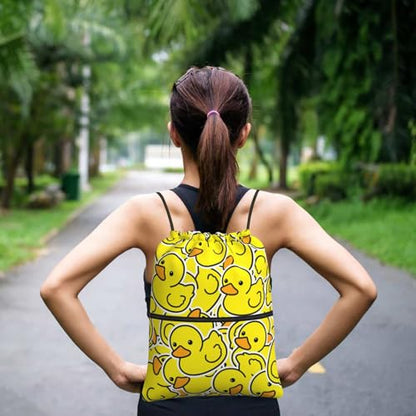 Yellow Duck Drawstring Bag, Waterproof Drawstring Bckpack for Gym Sports Birthday Party Gift, Women Men Sackpack Bag with Front Zipper Pocket and Inside Zipper Pocket - color: Yellow Duck
