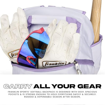 Franklin Sports USA SB Gameday Fastpitch-Softball Backpack – Adult +Youth Softball + Baseball Equipment + Bat Bag – Stores Batting Gloves, Helmet, Cleats - Waterproof Premium Batpack - color: White/Lilac