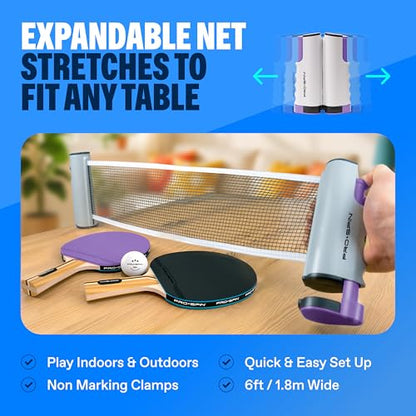 PRO-SPIN Retractable Ping Pong Net – 72" Table Tennis Net with Clamps | Portable Ping Pong Net for Any Table | Includes Custom Mesh Storage Bag | Replacement Table Tennis Net Posts - color: 1-Pack | Purple