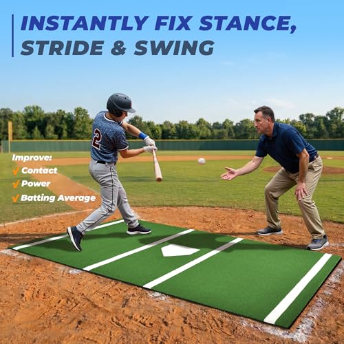 Batting Mat, 6x4/10x3.8/12x6FT Baseball Softball Hitting Mat for Batting Stance Practice, Batters Box Turf Mats with Home Plate, Non-Slip Baseball Cage Mats for Outdoor Indoor with Carry Strap