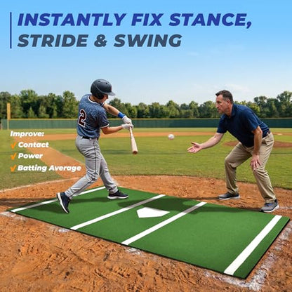 Batting Mat, 6x4/10x3.8/12x6FT Baseball Softball Hitting Mat for Batting Stance Practice, Batters Box Turf Mats with Home Plate, Non-Slip Baseball Cage Mats for Outdoor Indoor with Carry Strap