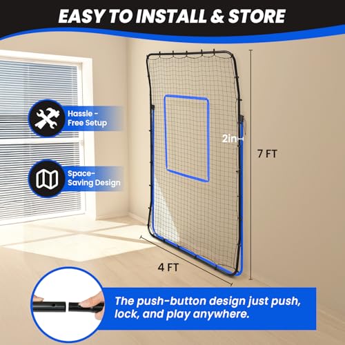 BAGAIL Volleyball Rebounder Net 7x4 Ft, Bounce Back Training Equipment with Unique Curved Frame for Better Catching, 5 Adjustable Angles for Volleying & Spiking, Easy Set Up & Sturdy Base - color: Blue