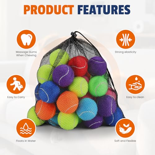 FURWEY Tennis Balls for Dogs 32 Pack,2.5 inches,Durable and Non-Toxic Dog Toys Balls with Mesh Bag,Colorful Fetch Toys Balls for pet Dog (Non Squeaky)