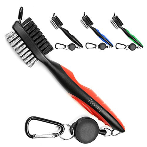Yoport® Golf Club Brush and Club Groove Cleaner 2 Ft Retractable Zip-line Aluminum Carabiner, Lightweight and Stylish, Ergonomic Design, Easily Attaches to Golf Bag - color: Red+black