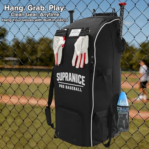 Catchers Gear Bag with Wheels, Large Rolling Baseball Equipment Bag for Helmet, Bats, Cleats, Durable Polyester for Youth and Adults, Black