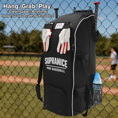 Catchers Gear Bag with Wheels, Large Rolling Baseball Equipment Bag for Helmet, Bats, Cleats, Durable Polyester for Youth and Adults, Black