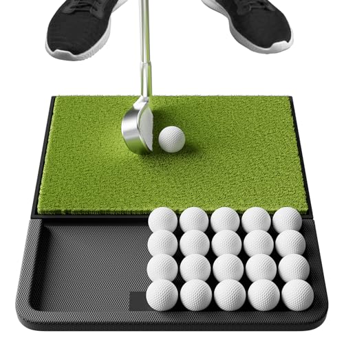 Integrated Golf Mat with Ball Tray, Small Thickening Golf Mats Practice Outdoor & Indoor, Artificial Grass with Anti-Slip Rubber Bottom Mat for Driving, Chipping Swing