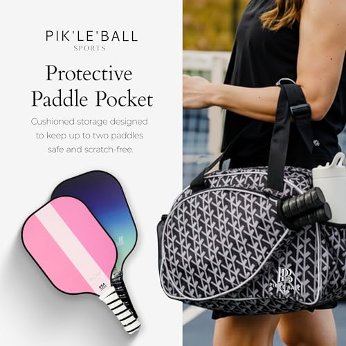 Pik’le’Ball Sport Premium Women's Pickleball Bag – Stylish and Versatile Sports Bag with Water Bottle Holder, Padded Paddle Pocket, and Spacious Design (fits 2+ Paddles!) - color: Court Couture Black