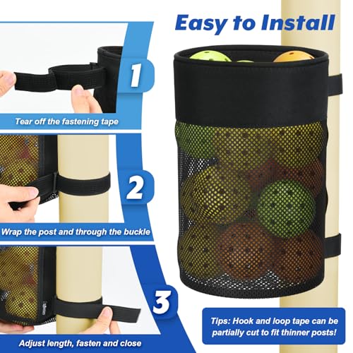Pickleball Ball Holder Foldable Storage Mesh Bag for Pickleball Net Post, Large Storage Hanging Bag with Strap for Holding 18 Balls
