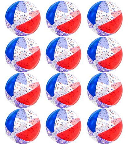 12 Pack 16" Inflatable Patriotic Beach Balls,4th of July Red White and Blue Stars Glitters Beach Ball Bulk,250th Anniversary Pool Toys for Kids & Adults Summer Swimming Pool Beach Party Game Water Toy - color: Patriotic White Red and Blue