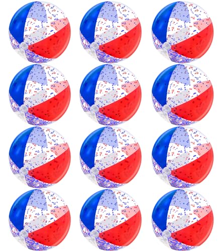 12 Pack 16" Inflatable Patriotic Beach Balls,4th of July Red White and Blue Stars Glitters Beach Ball Bulk,250th Anniversary Pool Toys for Kids & Adults Summer Swimming Pool Beach Party Game Water Toy - color: Patriotic White Red and Blue