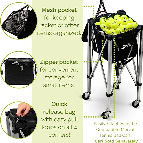 MORVAT Professional Tennis & Pickle Ball Hopper Holds 165 Balls Heavy-Duty Pro Sports Practice Cart, Foldable Portable Compact & Lightweight Zippered Pocket & Racket Holder, Carry Bag + 3 Tennis Balls - style: Hopper Bag