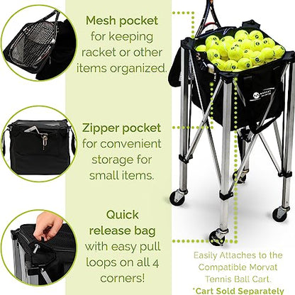 MORVAT Professional Tennis & Pickle Ball Hopper Holds 165 Balls Heavy-Duty Pro Sports Practice Cart, Foldable Portable Compact & Lightweight Zippered Pocket & Racket Holder, Carry Bag + 3 Tennis Balls - style: Hopper Bag