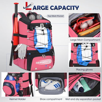 RAINSMORE Baseball Bag for Youth & Adult Lightweight Softball Bat Bag with Shoe Compartment, External Helmet Holder and Fence Hook Waterproof Baseball Backpack Hold T-Ball, Bat and Softball Equipment - color: Pink