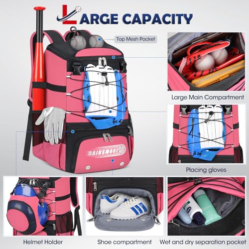 RAINSMORE Baseball Bag for Youth & Adult Lightweight Softball Bat Bag with Shoe Compartment, External Helmet Holder and Fence Hook Waterproof Baseball Backpack Hold T-Ball, Bat and Softball Equipment