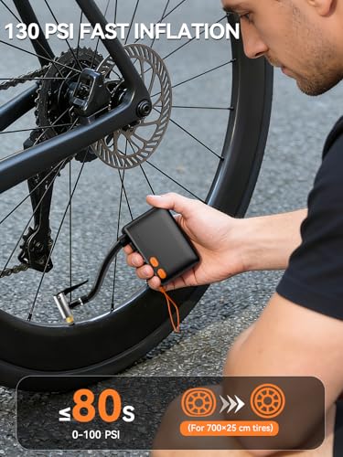 Mini Bike Pump, Portable Bicycle Electric Pump for Fast Inflation, 130PSI Portbale Bike Pump with Gauge for City Bike, Road Bike, Mountain Bike, Motorcycle and Balls