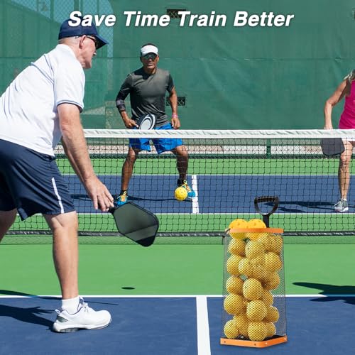 Tennis Ball Hopper,Lightweight Pickleball Picker Upper, Holds 50+ Tennis & 40+ Pickleballs, Portable and Adjustable Height for Court Training, Green Orange Black