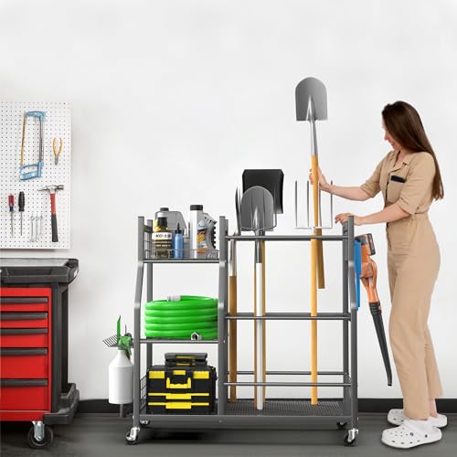 EVERHANGER Garden Tool Organizer Stand, Garage Tool Storage Organization, Yard Tool Racks with lockable wheels, Fit for Long-Handled Tools/Rakes/Brooms - size: Large