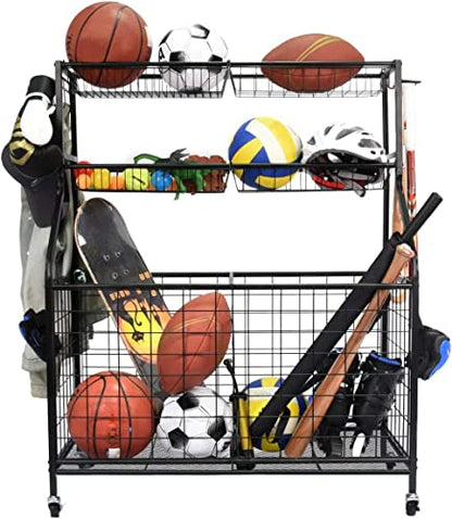 Heavy Duty Garage Sports Equipment Organizer, Ball Storage Rack, Sports Gear Basketball Storage with Baskets, Hooks, Steel Rolling Sports Cart, Outdoor/Indoor Schools, Gyms, Gymnasium, Black