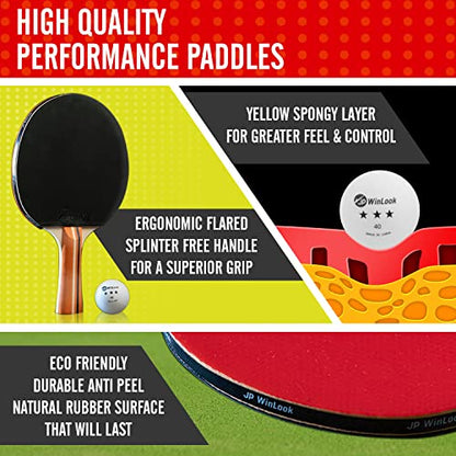 JP WinLook Ping Pong Paddles Sets - Portable Table Tennis Paddle Set with Ping Pong Paddles Professional Case & Ping Pong Balls - Premium Table Tennis Racket Player Set for Indoor & Outdoor Games - style: Red/Black 2 Paddle Set