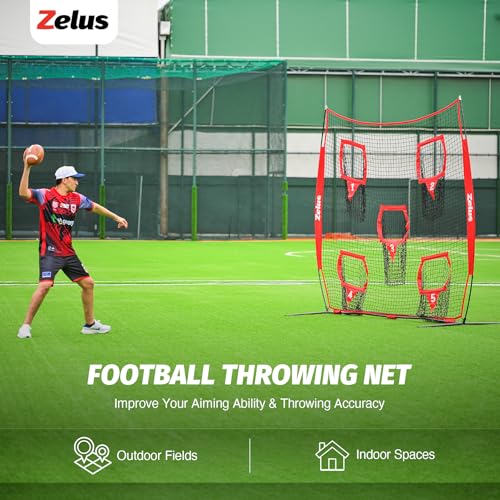 ZELUS Football Throwing Net, Quarterback Training Equipment with 5 Target Pockets, Football Practice Throwing Passing Accuracy Trainer with Carry Bag Ground Stakes for Kids Adults