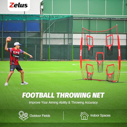 ZELUS Football Throwing Net, Quarterback Training Equipment with 5 Target Pockets, Football Practice Throwing Passing Accuracy Trainer with Carry Bag Ground Stakes for Kids Adults