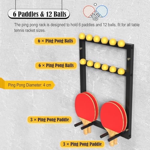 Ping Pong Paddles Holder Wall Mount, Metal Table Tennis Storage Rack for Game Room/ Man Cave/ Apartment - Holds 6 Paddles & 12 Balls, Space Saving Display Stand Holder Shelf Sport Equipment Organizer