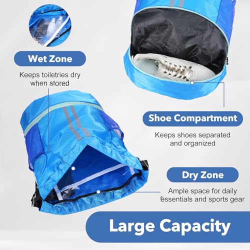 Drawstring Gym Bag with Shoe Compartment and Side Mesh Pockets, Waterproof Sports Drawstring Backpack, Wet and Dry Separation String Backpack for Women Men, Suitable for Fitness, Swimming, Football